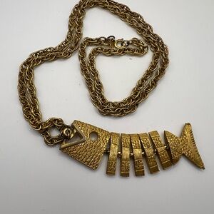 Vintage Gold Tone Fishbone Pendant Necklace | Modernist Style | Estate Jewelry